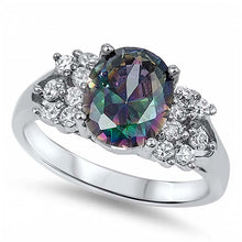 Load image into Gallery viewer, Sterling Silver Solitaire Oval Cut Rainbow Topaz Simulated Diamond Set on Prong Setting with Fancy Side View DesignAnd Face Height of 9MM