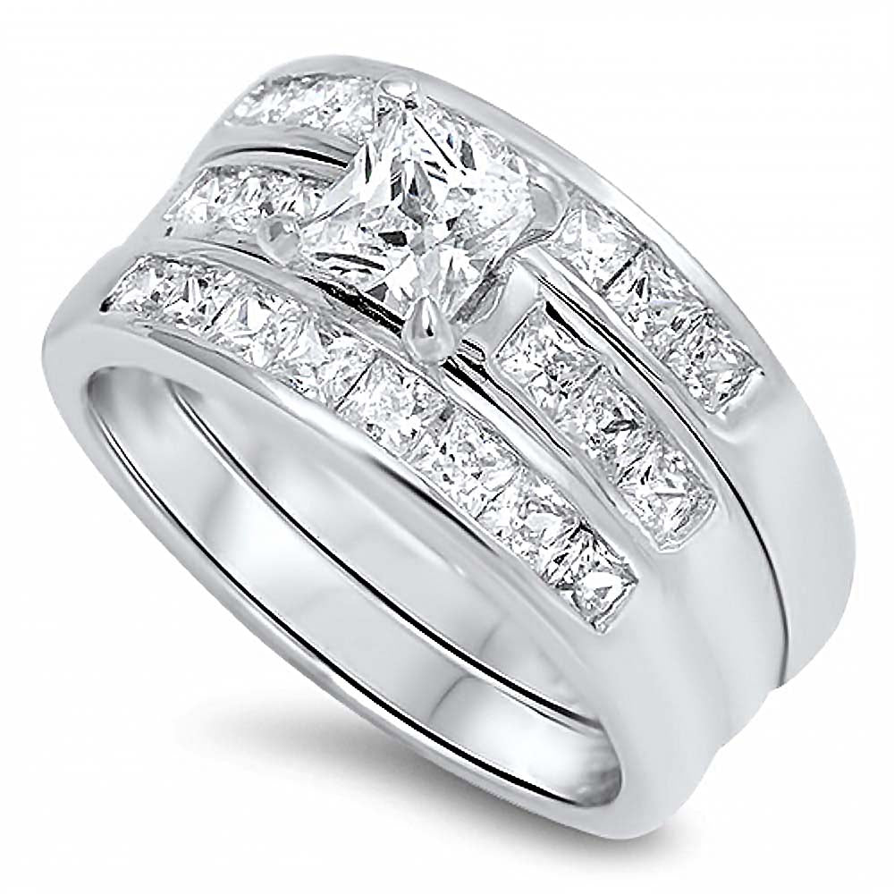 Sterling Silver Clear Princess Cut Solitaire CZ Bridal Set and Band Inlaid with Princess Cut CZ on Channel Setting, Band Width of 11MM and Center Stone Size of 5MM