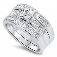Load image into Gallery viewer, Sterling Silver Classy Clear Princess Cut Solitaire Simulated Diamond Bridal Set and Band Inlaid with Princess Cut Simulated Diamond on Channel SettingAnd Band Width of 11MM and Center Stone Size of 5MM
