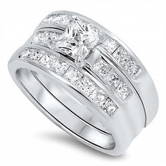Sterling Silver Clear Princess Cut Solitaire CZ Bridal Set and Band Inlaid with Princess Cut CZ on Channel Setting, Band Width of 11MM and Center Stone Size of 5MM