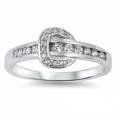 Sterling Silver Rhodium Plated Belt Shaped Clear CZ RingAnd Face Height 8mm