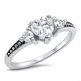 Sterling Silver Antique Style Heart Cut Clear Cz Ring with Round Clear Cz Stones on Both SidesAnd Face Height of 6MM