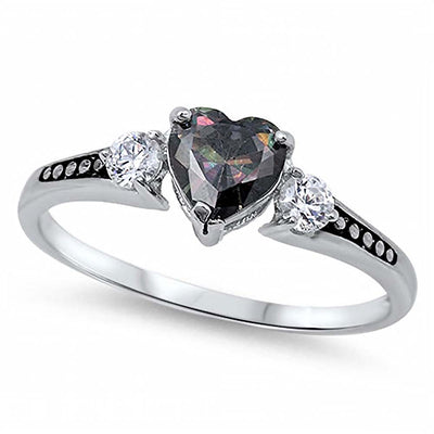 Sterling Silver Elegant 3 Stone Ring with Centered Heart Cut Rainbow Topaz CZ On Prong Setting, Face Height 6MM