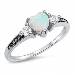 Sterling Silver Antique Style Heart Cut White Lab Opal Ring with Round Clear Cz Stones on Both SidesAnd Face Height of 6MM