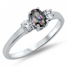 Load image into Gallery viewer, Sterling Silver Elegant 3 Stone Ring with Centered Oval Cut Rainbow Topaz CZ On Prong Setting And Face Height 6MM