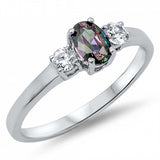 Sterling Silver Elegant 3 Stone Ring with Centered Oval Cut  Rainbow Topaz Simulated Diamond On Prong SettingAnd Face Height 6MM