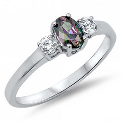Sterling Silver Elegant 3 Stone Ring with Centered Oval Cut Rainbow Topaz CZ On Prong Setting And Face Height 6MM