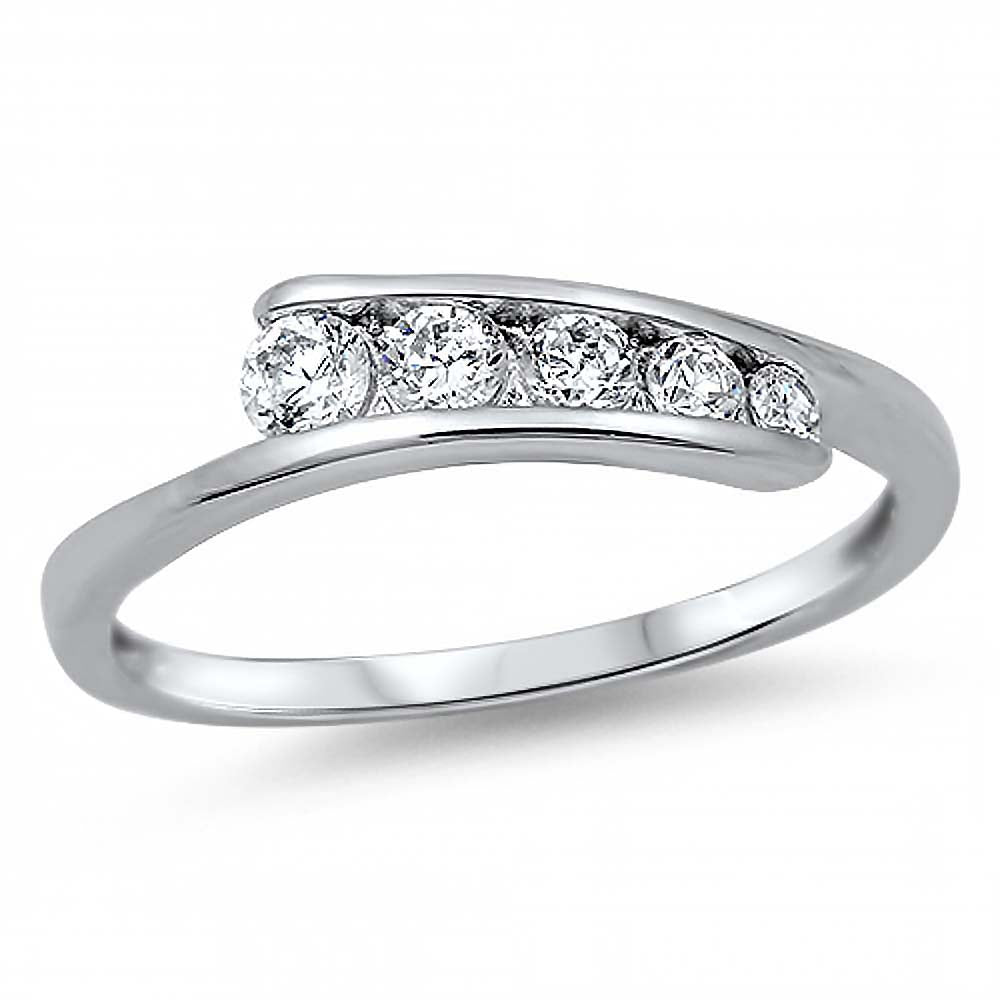 Sterling Silver Fancy Band with 5 Round Cut Czs Journey RingAnd Face Height of 4MM
