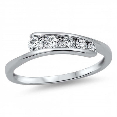 Sterling Silver Fancy Band with 5 Round Cut Czs Journey RingAnd Face Height of 4MM