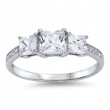 Load image into Gallery viewer, Sterling Silver 3 Stone Clear Princess Cut CZ with Pave Side Views Engagement Ring with Rhodium Finish, Face Height of 6 mm
