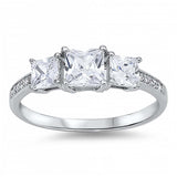 Sterling Silver 3 Stone Clear Princess Cut Simulated Diamond with Pave Side Views Engagement Ring with Rhodium FinishAnd Face Height of 6 mm