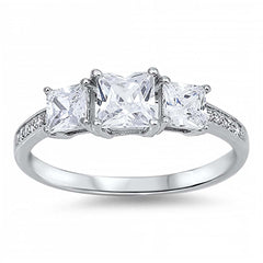 Sterling Silver 3 Stone Clear Princess Cut CZ with Pave Side Views Engagement Ring with Rhodium Finish, Face Height of 6 mm