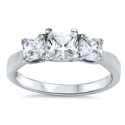 Sterling Silver 3 Stone Clear Princess Cut CZ Engagement Ring with Rhodium Finish, Face Height of 6 mm
