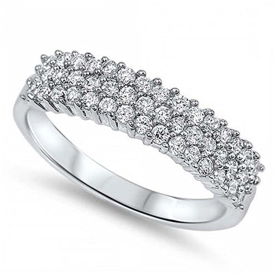 Sterling Silver Rhodium Plated Three Lines Shaped Clear CZ RingAnd Face Height 5mm