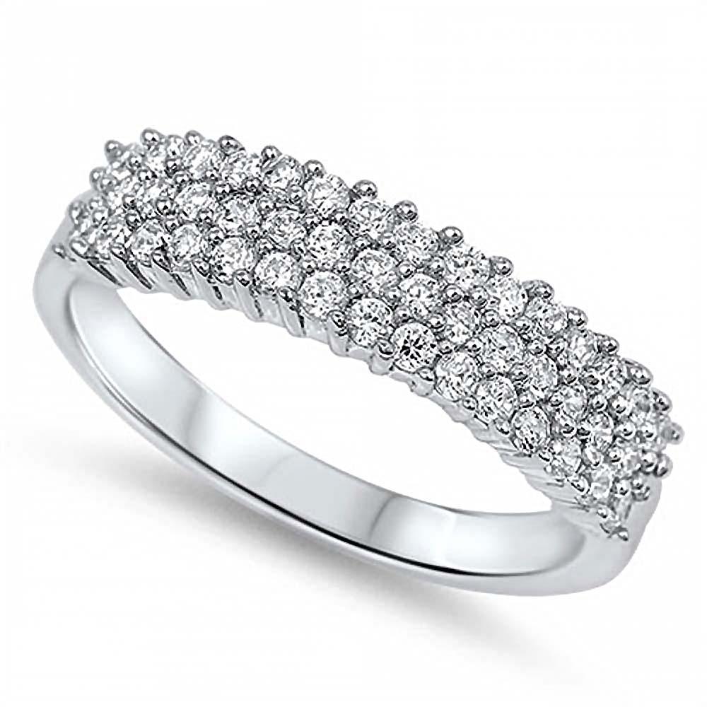 Sterling Silver Rhodium Plated Three Lines Shaped Clear CZ RingAnd Face Height 5mm