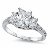 Sterling Silver 3 Stone Clear Princess Cut CZ with Channel Setting Side View Diamonds with Rhodium Finish