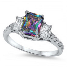 Load image into Gallery viewer, Sterling Silver 3 Stone Radiant Cut Rainbow Topaz CZ On Prong Setting And Face Height 7MM