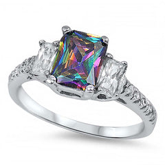 Sterling Silver 3 Stone Radiant Cut Rainbow Topaz CZ On Prong Setting And Face Height 7MM
