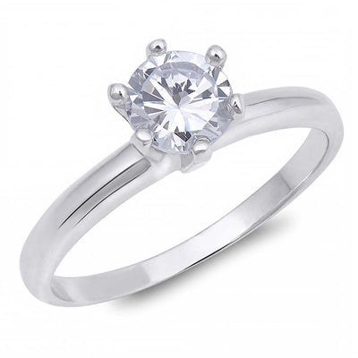 Sterling Silver Round Cut Clear Solitaire CZ Engagement Ring on Prong Setting with Rhodium FinishAnd Face Height of 6mm
