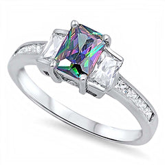 Sterling Silver 3 Stone Radiant Cut Rainbow Topaz CZ On Prong Setting And Face Height 8MM