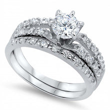 Load image into Gallery viewer, Sterling Silver Clear Round Simulated Diamond Aprx 2 Carat on Prong SettingAnd Halo Pave Split Style Bridal Set with Rhodium Finish