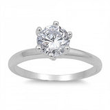 Sterling Silver Rhodium Plated Round Cut Clear Solitaire CZ Engagement Ring on Prong Setting, Face Height of 7mm