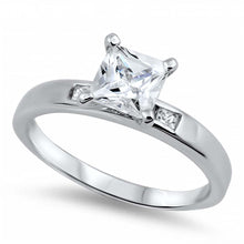 Load image into Gallery viewer, Sterling Silver Princess Cut Clear Solitaire CZ Engagement Ring on Prong Setting with Small Channel Setting Side View CZ with Rhodium Finish, Face Height of 7mm