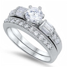 Load image into Gallery viewer, Sterling Silver Round Cut Solitaire Simulated Diamond Aprx .75 Carat Bridal Set with Multi Straight Baguette Cut Simulated Diamonds on Bezel Setting &amp; Pave Side Views with Rhodium Finish