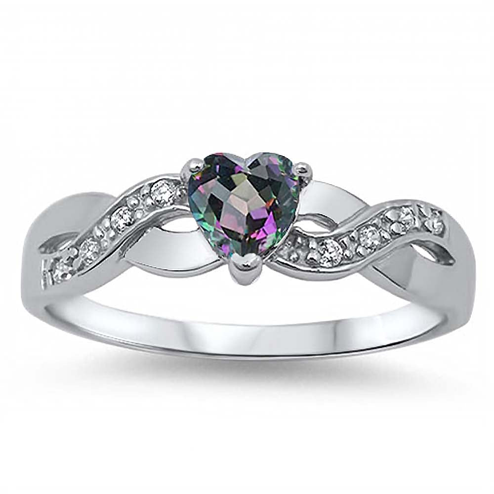 Sterling Silver Twisted Split Shank Multi Pave Band with Centered Heart Shape Rainbow Topaz Simulated Gemstone on Prong Setting Promise RingAnd Face Height of 5MM