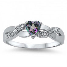 Load image into Gallery viewer, Sterling Silver Twisted Split Shank Multi Pave Band with Centered Heart Shape Rainbow Topaz Simulated Gemstone on Prong Setting Promise RingAnd Face Height of 5MM