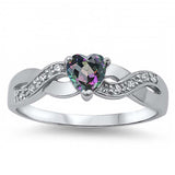 Sterling Silver Twisted Split Shank Multi Pave Band with Centered Heart Shape Rainbow Topaz Simulated Gemstone on Prong Setting Promise RingAnd Face Height of 5MM