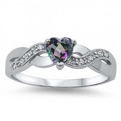 Sterling Silver Twisted Split Shank Multi Pave Band with Centered Heart Shape Rainbow Topaz Simulated Gemstone on Prong Setting Promise RingAnd Face Height of 5MM