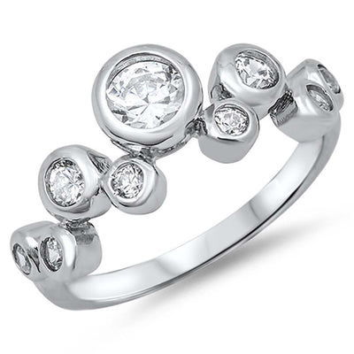 Sterling Silver Multi Pattern Round CZ on Bezel Setting Ring, Face Height of 8mm