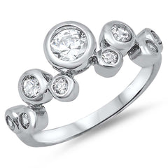 Sterling Silver Multi Pattern Round CZ on Bezel Setting Ring, Face Height of 8mm