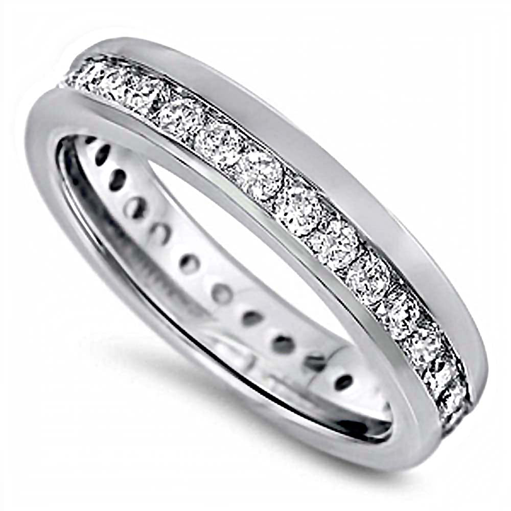 Sterling Silver Round Wedding Band Shaped Clear CZ RingAnd Face Width 4mm