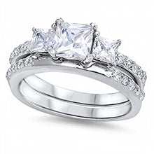 Load image into Gallery viewer, Sterling Silver 3 Stone Clear Princess Cut Simulated DiamondAnd Classy Halo Pave Style Bridal Set with Rhodium FinishAnd Center Stone Aprx .75 Carat