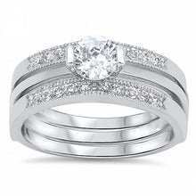 Load image into Gallery viewer, Sterling Silver Clear Round Simulated Diamond Aprx .50 Carat on Half-Bezel SettingAnd Classy Channel Style Triple Band Bridal Set with Rhodium Finish