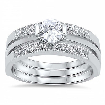 Sterling Silver Clear Round CZ Apr. .50 Carat on Half-Bezel Setting, Channel Style Triple Band Bridal Set with Rhodium Finish