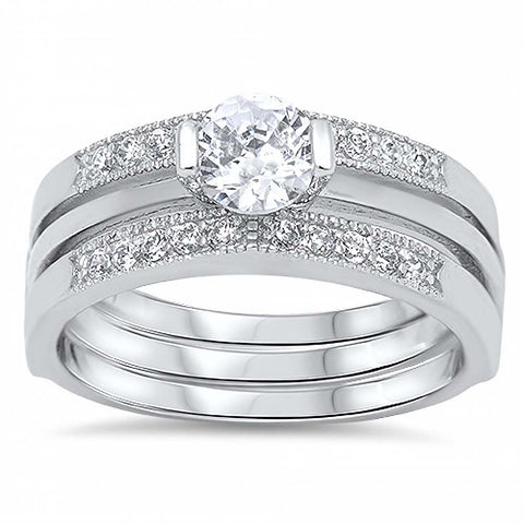 Sterling Silver Clear Round Simulated Diamond Aprx .50 Carat on Half-Bezel SettingAnd Classy Channel Style Triple Band Bridal Set with Rhodium Finish