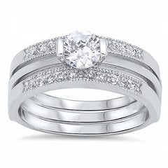 Sterling Silver Clear Round CZ Apr. .50 Carat on Half-Bezel Setting, Channel Style Triple Band Bridal Set with Rhodium Finish