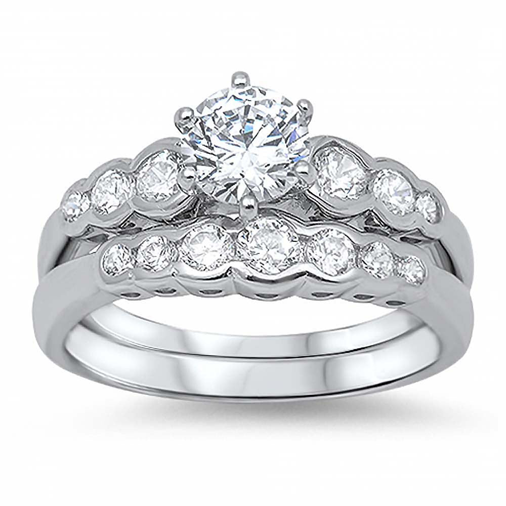 Sterling Silver Round Solitaire Simulated Diamond Aprx .75 Carat with Small Round Simulated Diamonds on Bezel Setting with Rhodium Finish Bridal Set