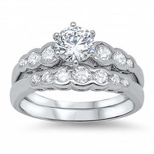 Load image into Gallery viewer, Sterling Silver Round Solitaire Simulated Diamond Aprx .75 Carat with Small Round Simulated Diamonds on Bezel Setting with Rhodium Finish Bridal Set