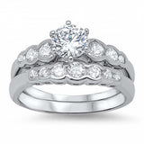 Sterling Silver Round Solitaire Simulated Diamond Aprx .75 Carat with Small Round Simulated Diamonds on Bezel Setting with Rhodium Finish Bridal Set