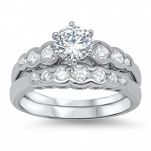 Sterling Silver Round Solitaire Simulated Diamond Aprx .75 Carat with Small Round Simulated Diamonds on Bezel Setting with Rhodium Finish Bridal Set