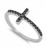 Sterling Silver Classy Thin Black CZ Pave Sideways Cross Ring with Face Height of 9MM