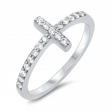 Load image into Gallery viewer, Sterling Silver Classy Thin CZ Pave Sideways Cross Ring with Face Height of 9MM