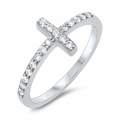 Sterling Silver Classy Thin CZ Pave Sideways Cross Ring with Face Height of 9MM