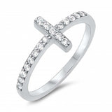 Sterling Silver Classy Thin CZ Pave Sideways Cross Ring with Face Height of 9MM