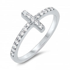 Sterling Silver Classy Thin CZ Pave Sideways Cross Ring with Face Height of 9MM