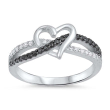 Load image into Gallery viewer, Sterling Silver Twisted Split Shank Multi Pave Black and Clear CZ Band Ring with Centered Heart And Face Height of 8MM